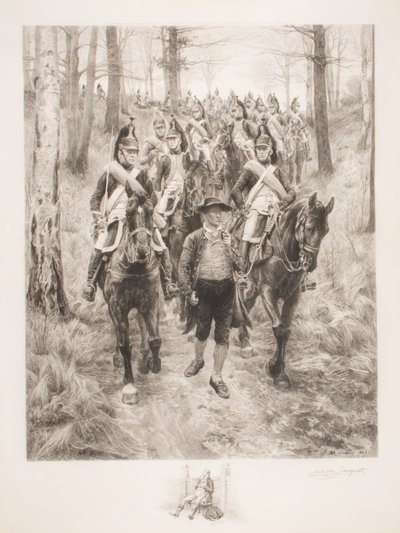 Cavalleria francese che attraversa i boschi con guida, inciso da Achilles Jacquet da Jean Louis Ernest Meissonier